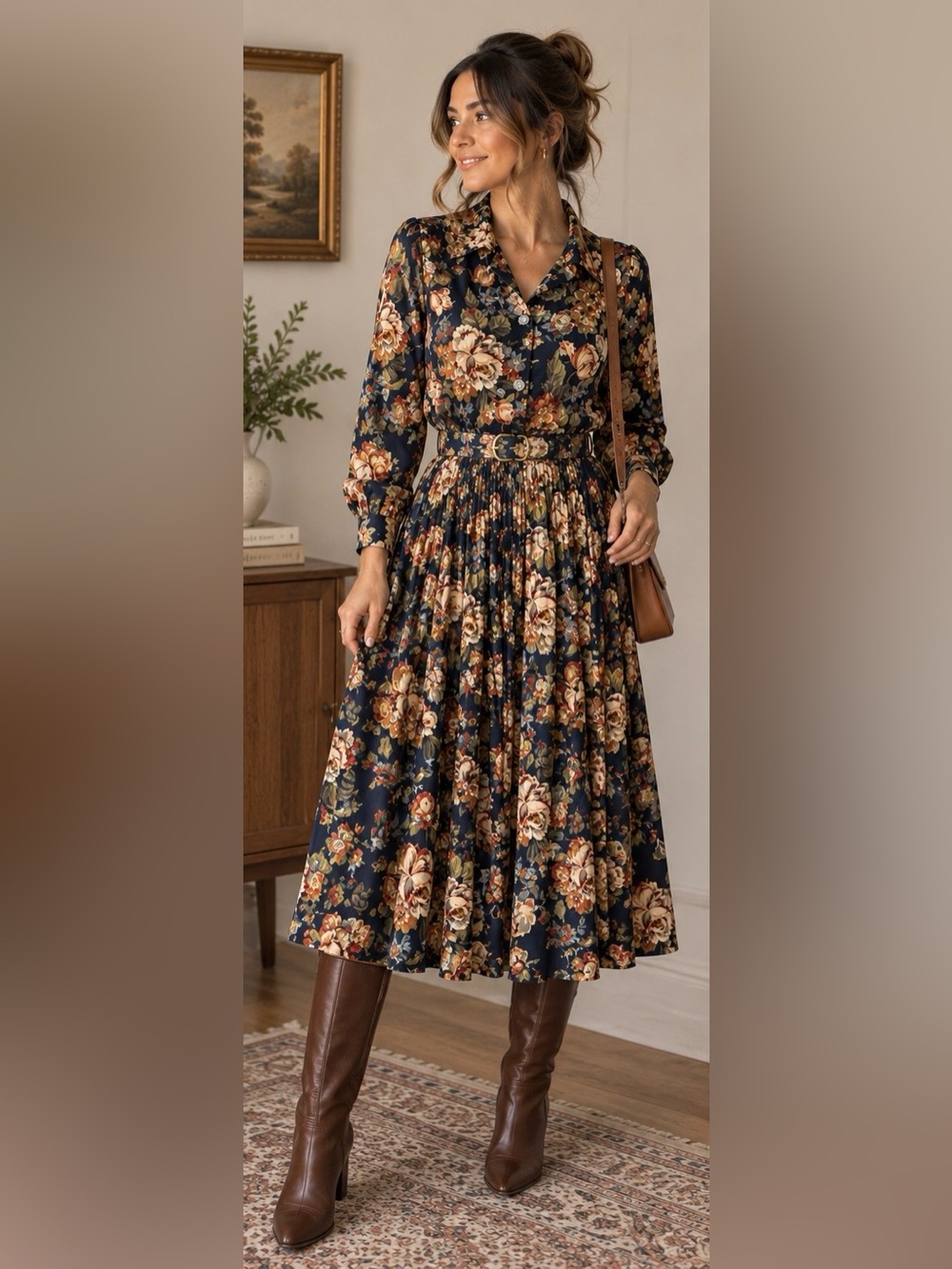 Vintage Lady Carol Petites Feminine Fall Floral Dress Navy Midi Belted 80s Retro